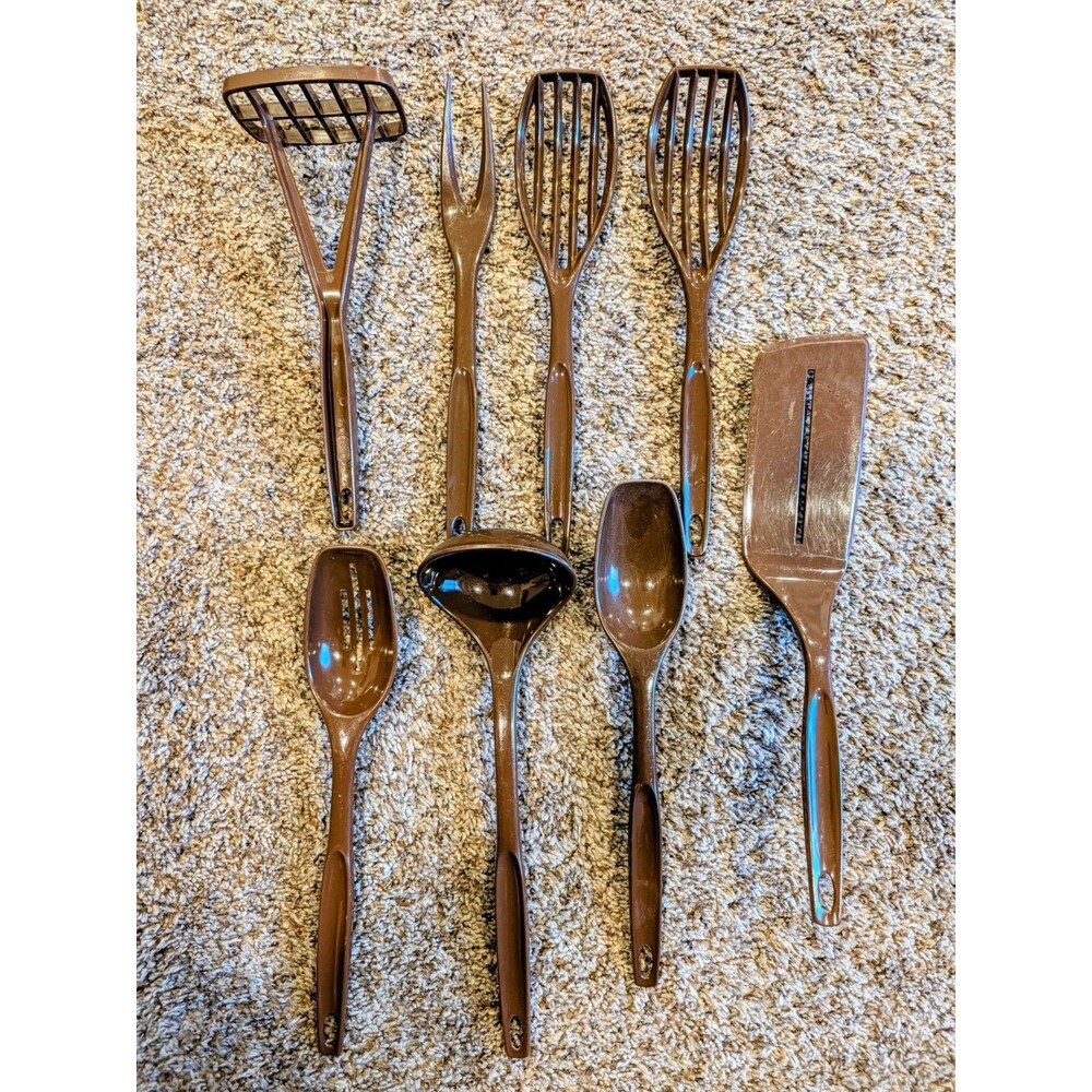Vtg Foley Brown Nylon Kitchen Utensil Lot Spatula Ladle Masher Fork Spoons 70s